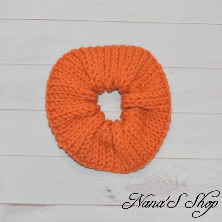 Chouchou tricoté, couleur uni, fait main, orange.