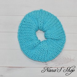 Chouchou tricoté, couleur uni, fait main, bleu turquoise.