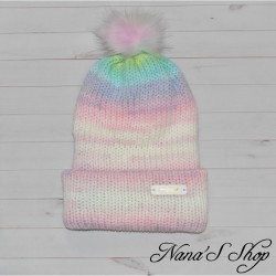Bonnet revers et Pompon, Multicolore Pastel, fait main en France.