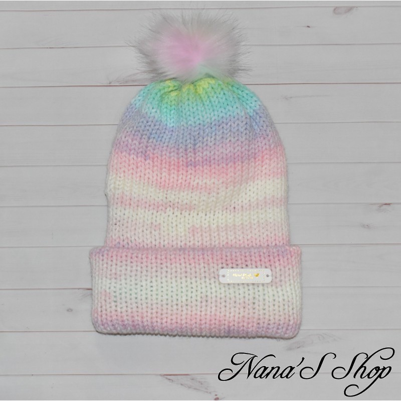 Bonnet revers et Pompon, Multicolore Pastel, fait main en France.