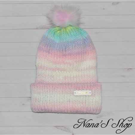 Bonnet revers et Pompon, Multicolore Pastel, fait main en France.