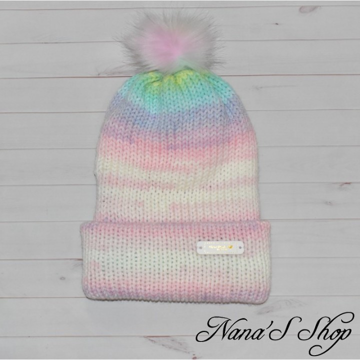Bonnet revers et Pompon, Multicolore Pastel, fait main en France.