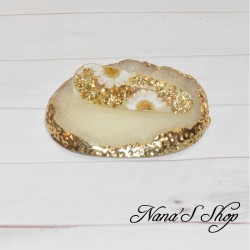 Barrette en résine, feuille d'or et Marguerite blanche, faite mains.
