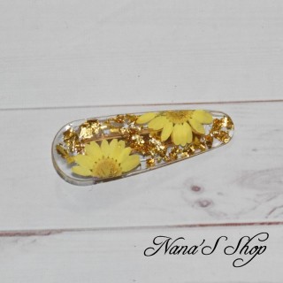 Barrette en résine, feuille d'or et Marguerite jaune, faite mains.