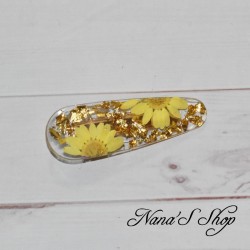 Barrette en résine, feuille d'or et Marguerite jaune, faite mains.