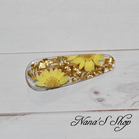 Barrette en résine, feuille d'or et Marguerite jaune, faite mains.