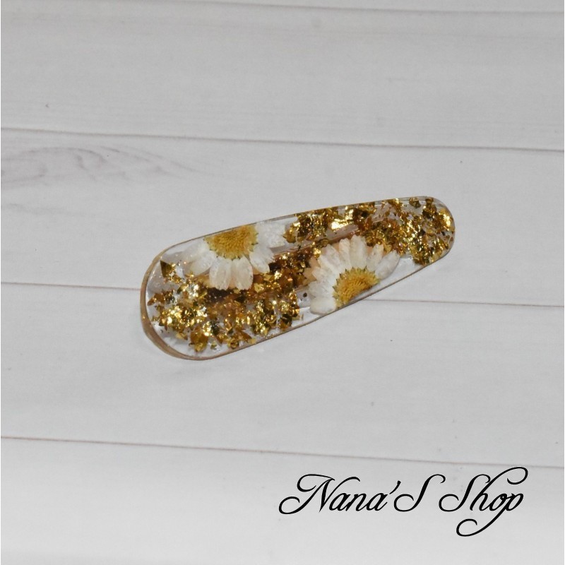 Barrette en résine, feuille d'or et Marguerite blanche, faite mains.