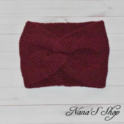 Bandeau twisté, uni, en acrylique, coloris bordeaux, fait main,