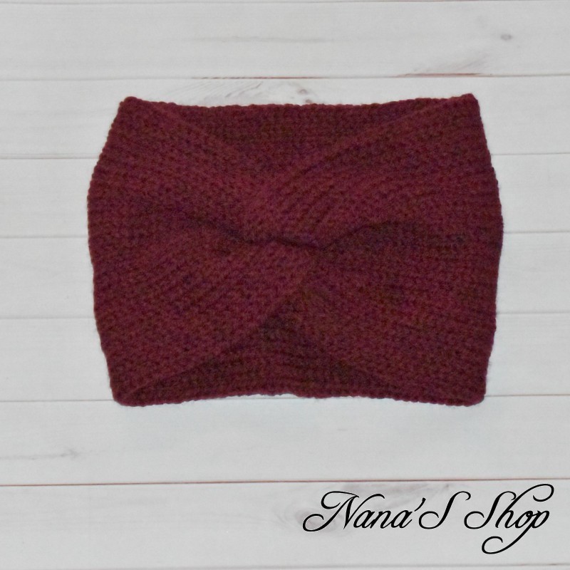 Bandeau twisté, uni, en acrylique, coloris bordeaux, fait main,