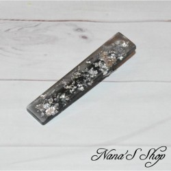 Barrette noire en résine, pépite argenté, forme rectangle,