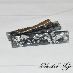 Barrette noire en résine, pépite argenté, forme rectangle,