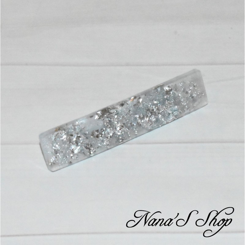 Barrette blanche en résine, pépite argenté, forme rectangle,