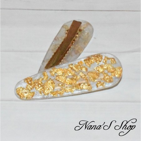 Barrette blanche en résine, pépite dorée, forme goutte,
