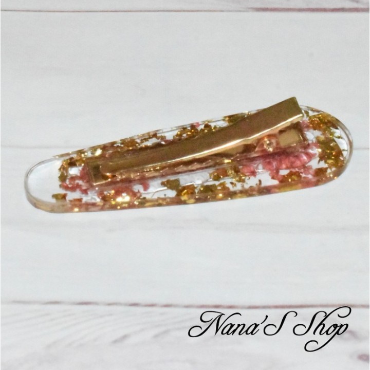 Barrette en résine, fleurs séchées rouge, dos, faite mains