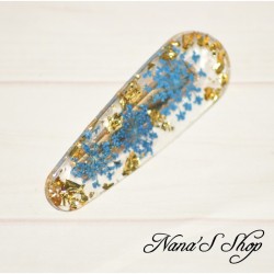 Barrette en résine, fleurs séchées bleu, faite mains.