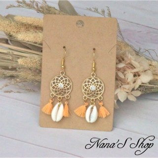 Boucles d'oreilles Bohème, Attrape rêve et coquillage, pompon tassel orange