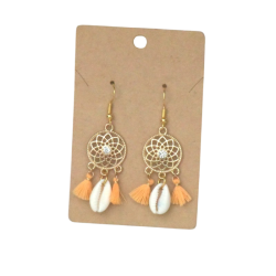 Boucles d'oreilles Bohème, Attrape rêve et coquillage, pompon tassel orange