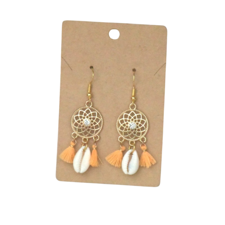 Boucles d'oreilles Bohème, Attrape rêve et coquillage, pompon tassel orange