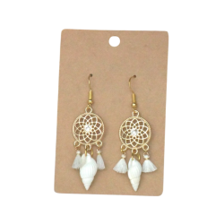 Boucles d'oreilles Bohème, Attrape rêve et coquillage, pompon tassel blanc