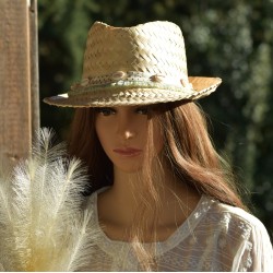 Chapeau en raphia, cauris, style bohème, Modèle beige.