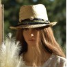 Chapeau en paille, customisé, style bohème ethnique, coloris noir.