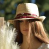Chapeau en paille, customisé, style bohème ethnique, coloris bordeaux.