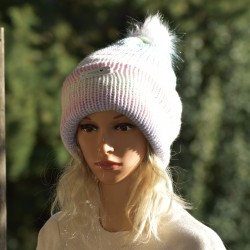 Bonnet revers et Pompon, Multicolore Pastel, fait main en France.