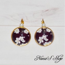 Boucles d'oreilles Japon, Fleurs de cerisier, faites mains, coloris noir.