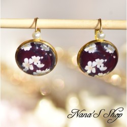 Boucles d'oreilles Japon, Fleurs de cerisier, faites mains, coloris noir.