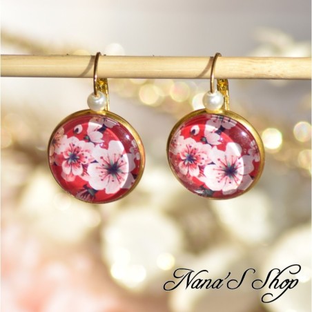 Boucles d'oreilles Japon, Fleurs de cerisier, faites mains, coloris rouge.
