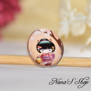 Broche Japon, Poupée Kokeshi, couleur orange, fait main.