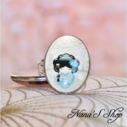 Broche Japon, Poupée Kokeshi, couleur bleu, fait main.