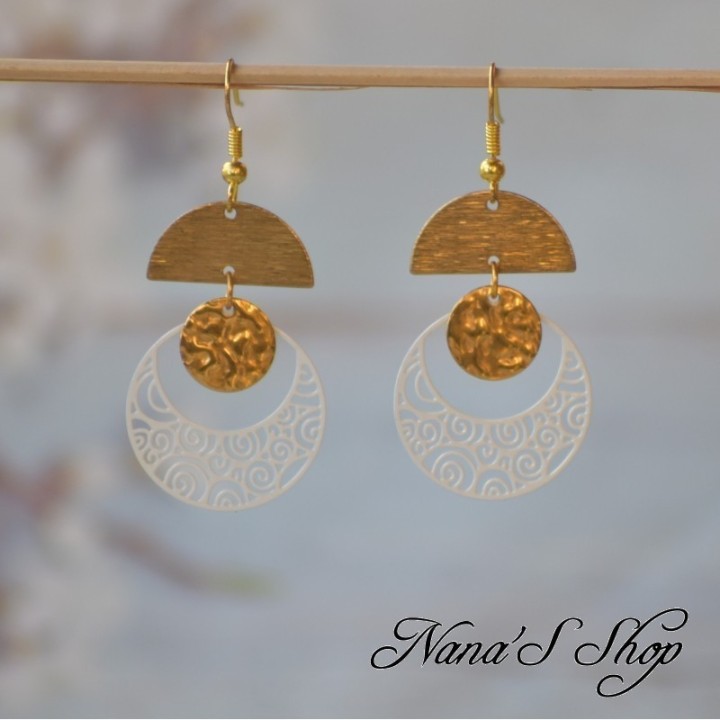 Boucles d'oreilles géométriques, Demi Lune, Bohème Chic, faites mains.