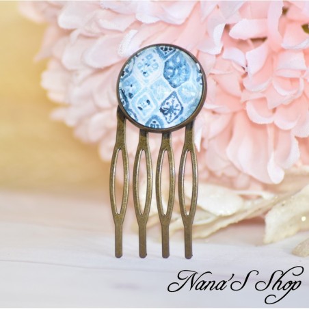 Petit peigne cabochon, Aquarelle Japonisante, fait main.