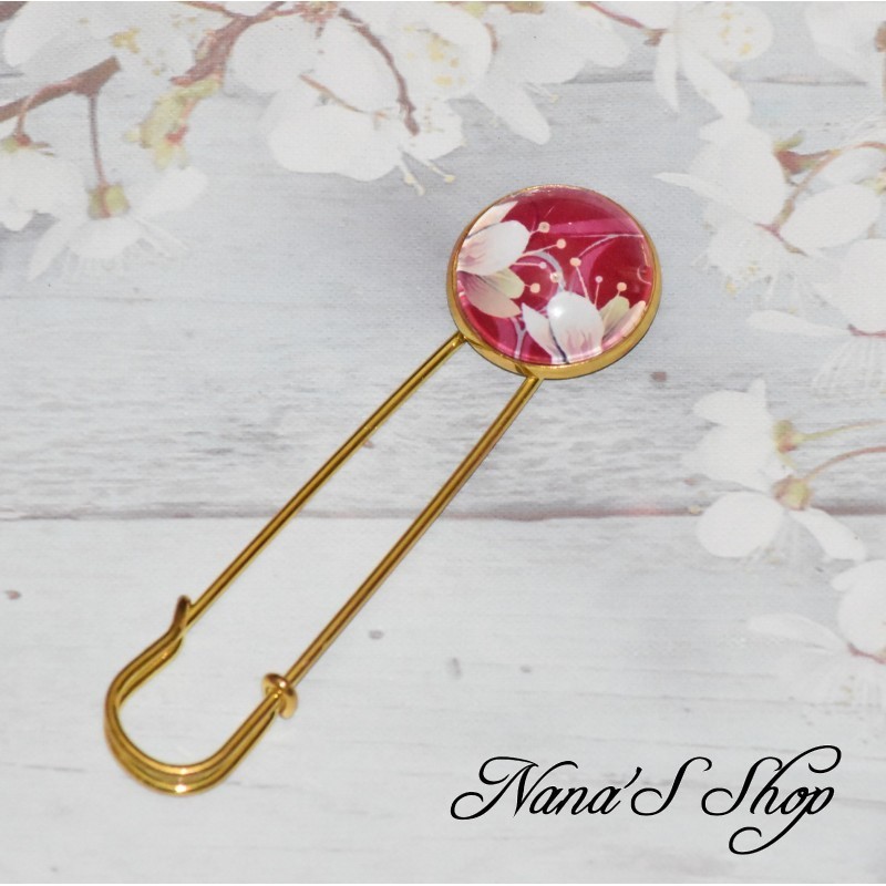 Broche épingle, cabochon Japon, Fleurs de cerisier, modèle 1, faite main.