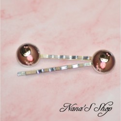 Épingles à cheveux, cabochon Kokeshi, lot de 2, coloris marron.