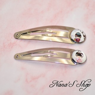 Barrettes Clic-Clac, cabochon Poupée Kokeshi, Fait main, (Lot de 2).