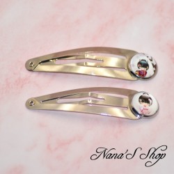 Barrettes Clic-Clac, cabochon Poupée Kokeshi, Fait main, (Lot de 2).