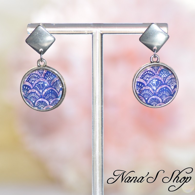 Boucles d'oreilles cabochon, Aquarelle Japonisante, modèle 1, fait main.