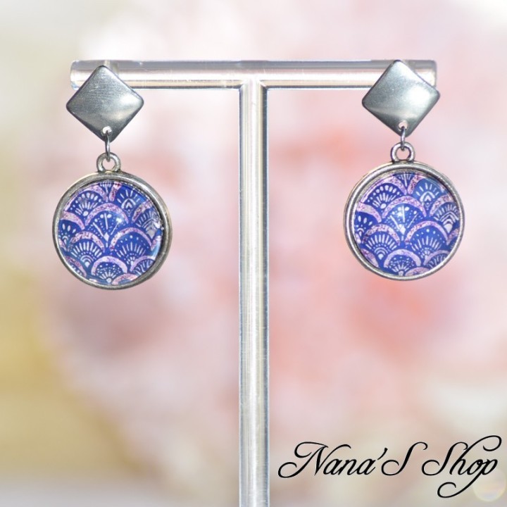 Boucles d'oreilles cabochon, Aquarelle Japonisante, modèle 1, fait main.