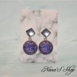 Boucles d'oreilles cabochon, Aquarelle Japonisante, modèle 1, fait main.