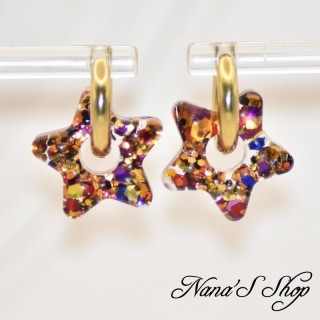 Pampilles interchangeables, "Glitter Star" en résine, fait main, pour créoles à composer, modèle 1.