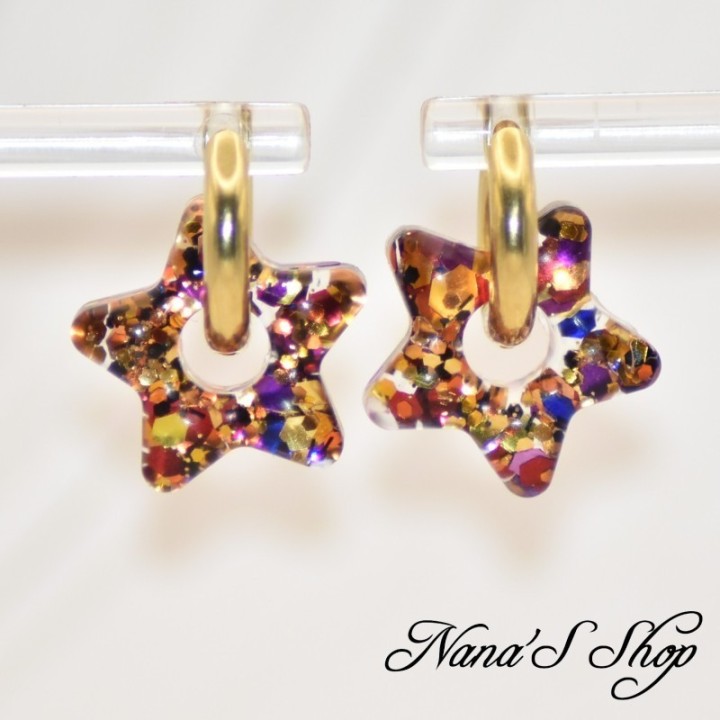 Pampilles interchangeables, "Glitter Star" en résine, fait main, pour créoles à composer, modèle 1.