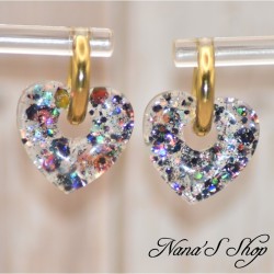 Pampilles interchangeables en forme de cœur, en résine et paillettes gris et noir, fait main, pour créoles à composer.