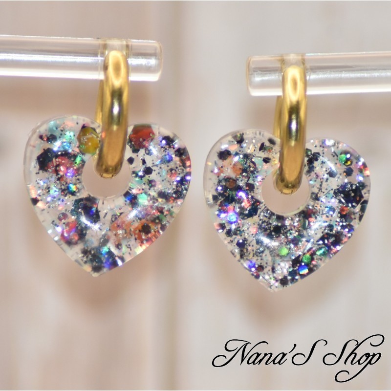 Pampilles interchangeables en forme de cœur, en résine et paillettes gris et noir, fait main, pour créoles à composer.