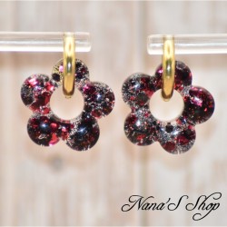 Pampilles interchangeables en forme de fleur, en résine et paillettes rouge et noir, fait main, pour créoles à composer.