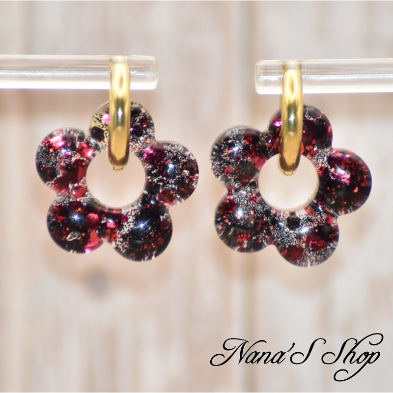 Pampilles interchangeables en forme de fleur, en résine et paillettes rouge et noir, fait main, pour créoles à composer.