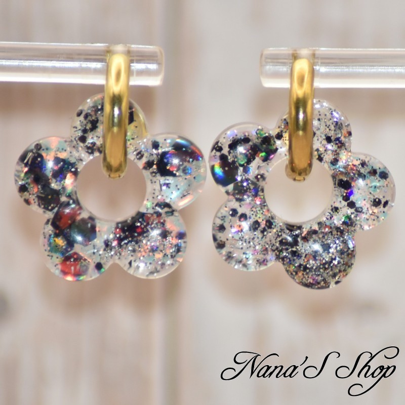 Pampilles interchangeables en forme de fleur, en résine et paillettes gris et noir, fait main, pour créoles à composer.