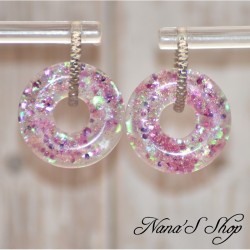 Pampilles interchangeables en forme de donuts, en résine et paillettes mauve, fait main, pour créoles à composer.