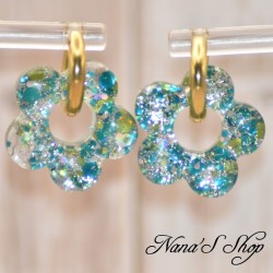 Pampilles interchangeables en forme de fleur, en résine et paillettes verte et argent, fait main, pour créoles à composer.